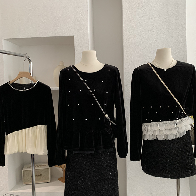 欧玛莱 设计感立体珍珠装饰拼接荷叶边丝绒衬衫女秋冬季上衣 5419