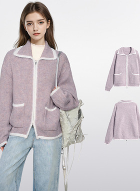 紫色翻领浣熊绒毛衣外套女秋冬季加厚慵懒风羊绒羊毛针织开衫上衣