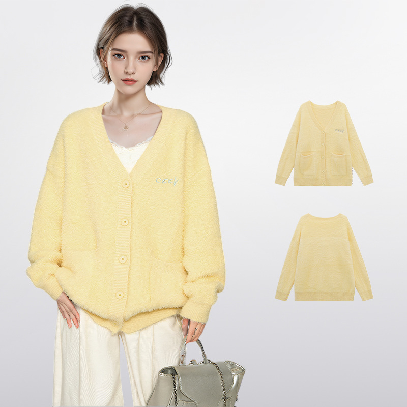 黄色水貂绒v领针织毛衣女秋冬冬季加厚针织开衫外套上衣慵懒风