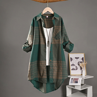 跨境出口格子衬衫外套女2026春秋新款长袖棉麻上衣宽松中长款衬衣