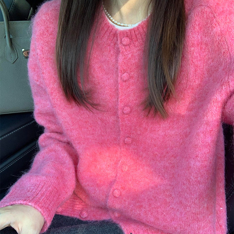 玫粉色小香风毛衣外套女秋冬外穿高级感宽松加厚针织开衫温柔上衣