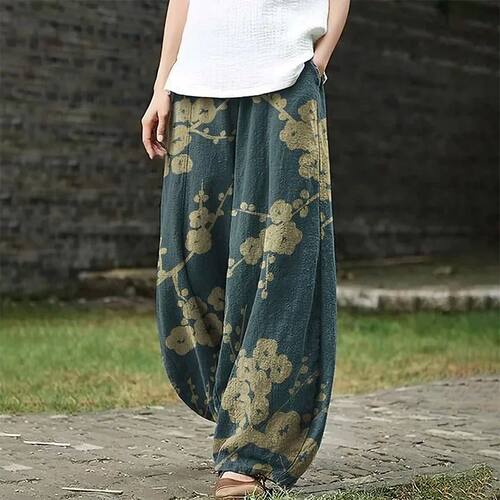 高腰褶皱印花束脚长裤High waisted pleated printed ankle pants