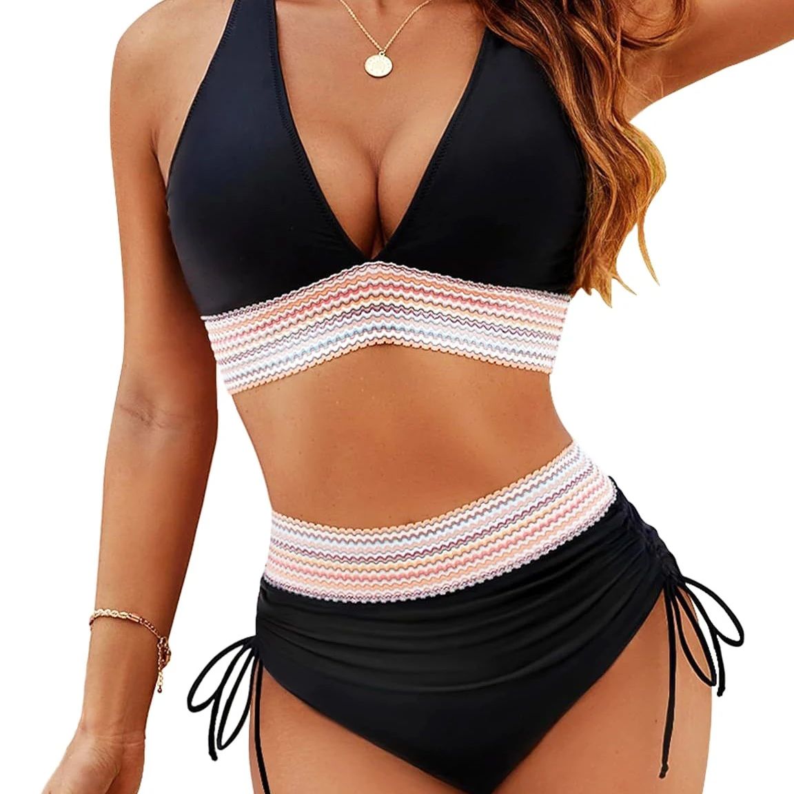 V-neck drawstring color blocked bikini setV领系绳拼色比基尼