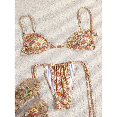 Lace up backless printed bikini set系带露背印花比基尼两件套