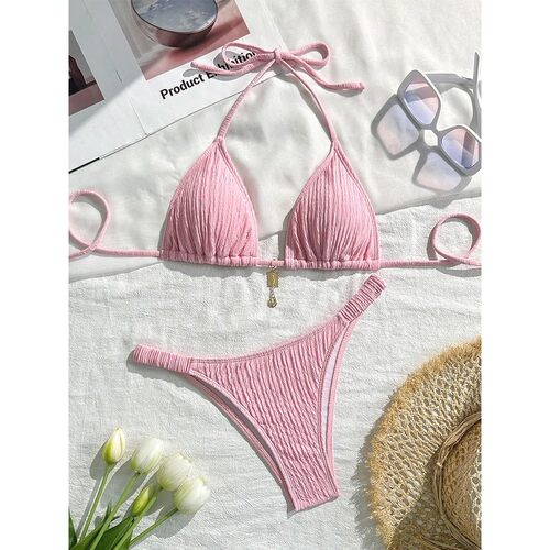 V领纯色挂脖褶皱泳衣Solid color lace up neck pleated swimsuit