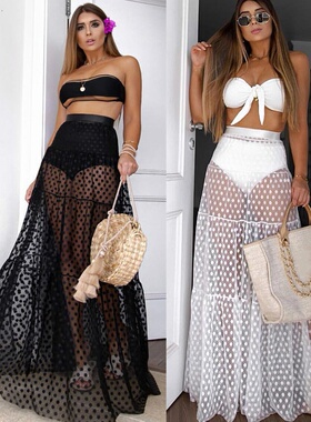 Mesh and Receiver Waist Swing Skirt 网纱拼接收腰大摆半身长裙