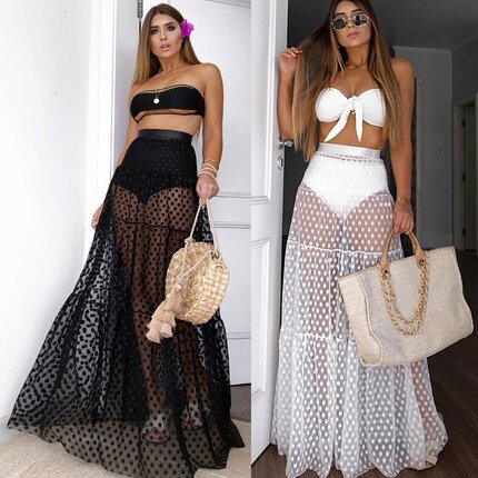 Mesh and Receiver Waist Swing Skirt 网纱拼接收腰大摆半身长裙