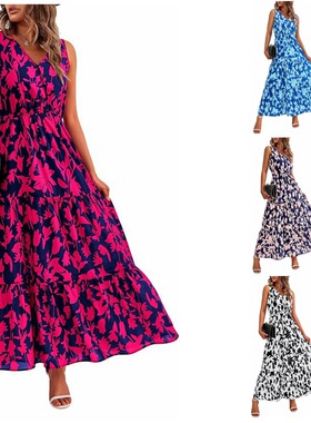 V-neck sleeveless printed jumpsuit long skirtV领无袖印花长裙