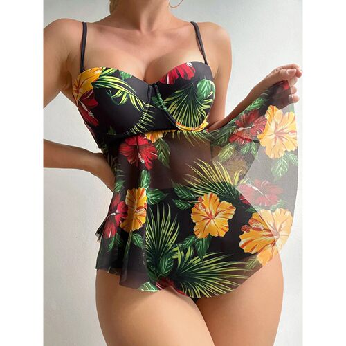 印花收腰荷叶边泳衣Printed waist cinched ruffle edge swimsuit