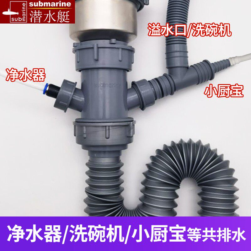 潜水艇厨房菜盆下水管配件净水器接口转接头溢水管接头洗碗机三通