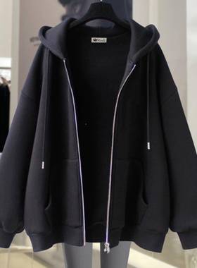黑2色衣连帽卫女宽松加绒2EWX04春秋拉冬新款慵懒风保暖链开衫外