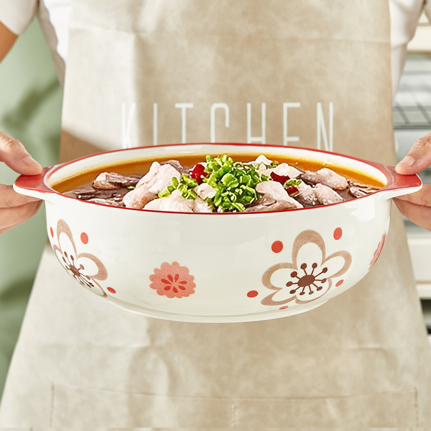 红花双耳汤碗2025新款高颜值釉下彩陶瓷餐具可微波加厚酸菜鱼大碗