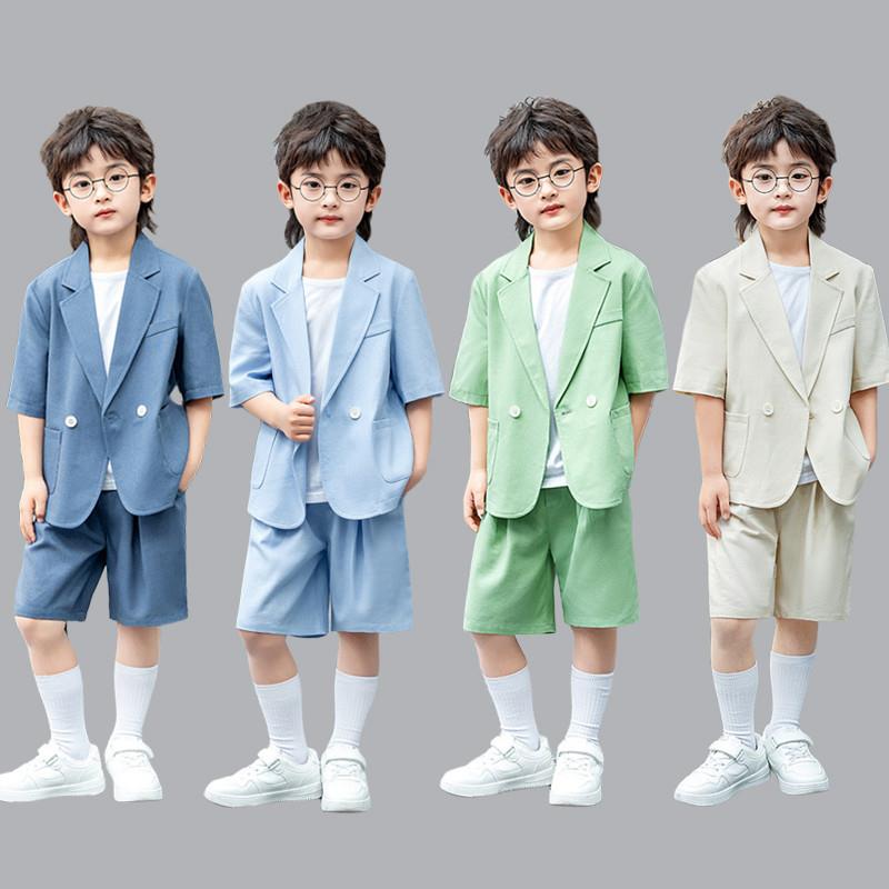 男童亚麻小西装套装2025夏薄款短袖英伦风休闲西服儿童婚礼演出服