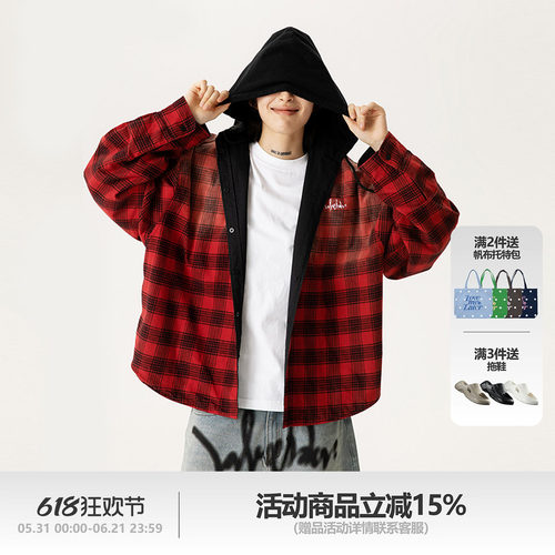 LML红格子水洗褪色连帽衬衫外套