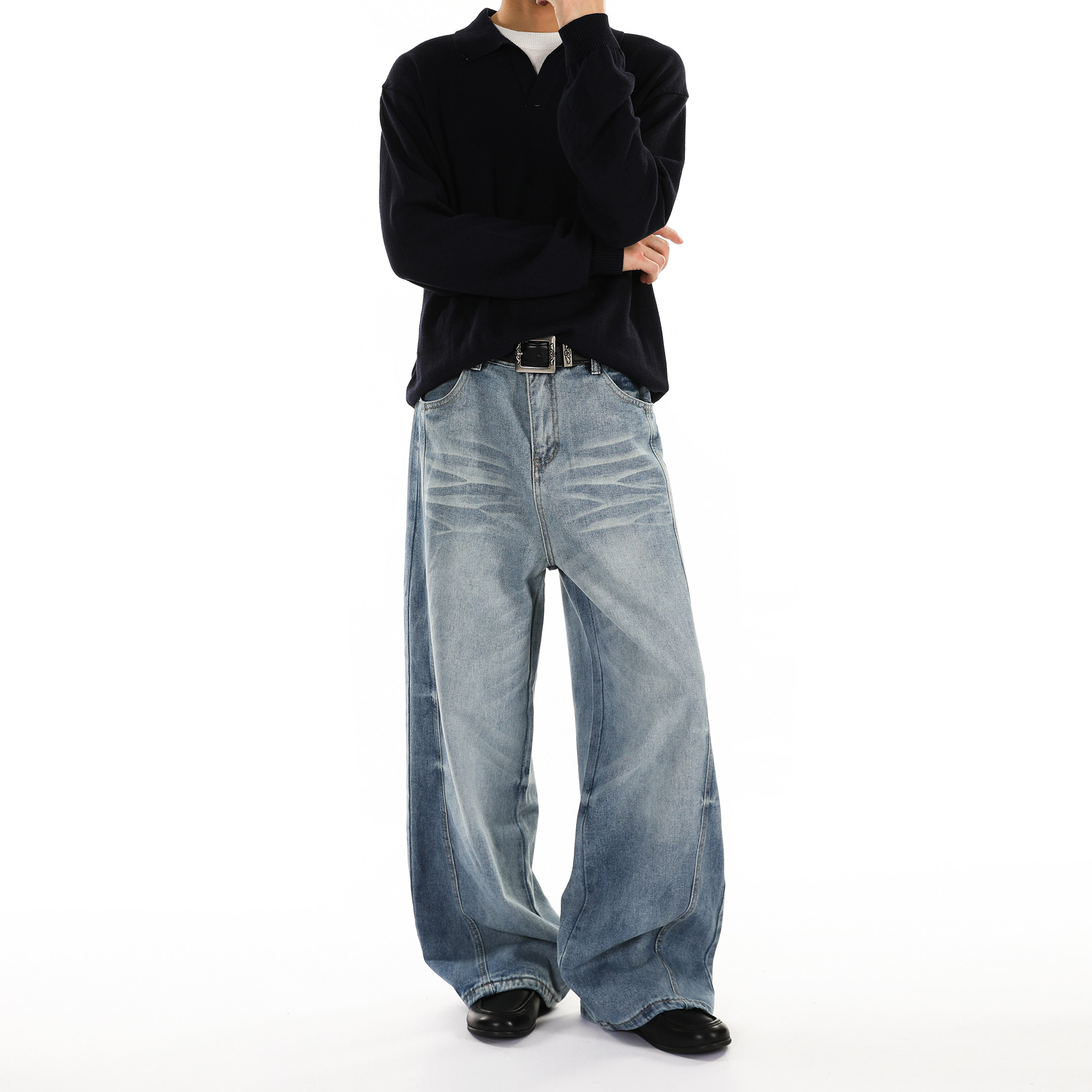 RAVENOASIS美式做旧水洗猫须牛仔裤男装cleanfit宽松直筒休闲长裤