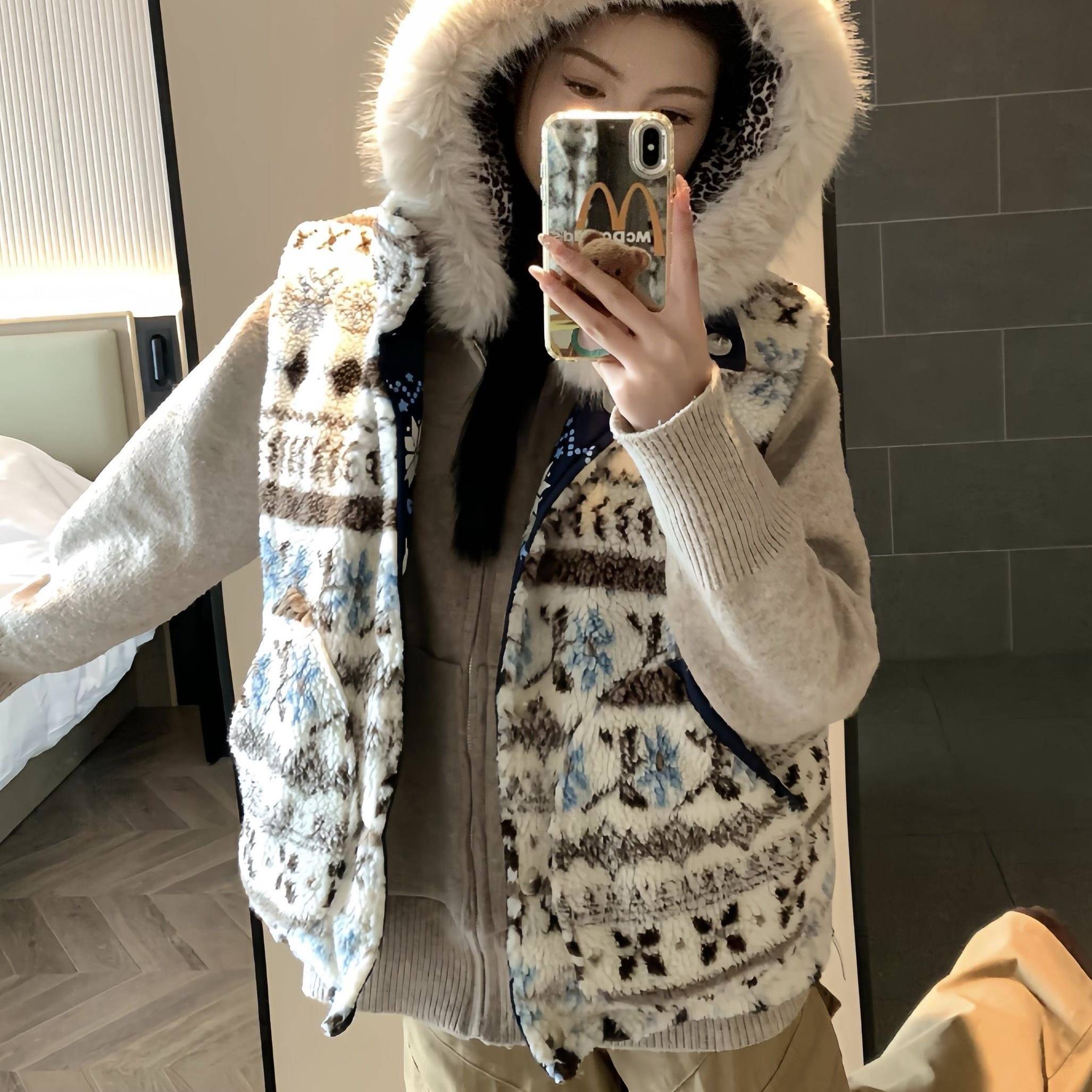 美式复古双面穿拼接设计摇粒绒马甲外套男女冬季加厚羊羔毛棉服潮