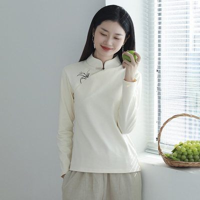 春秋新款刺绣T恤衬衫女长
