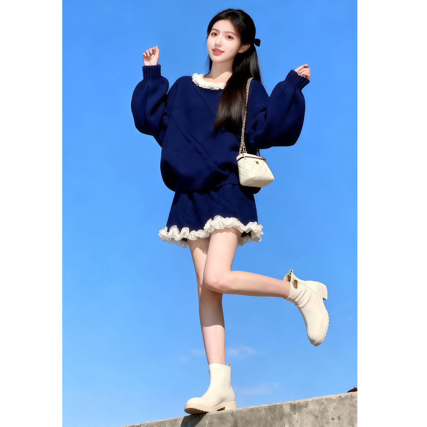 2026新款独特绝美藏蓝色针织套装连衣裙子女早春大方得体毛衣短裙