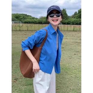 克莱因蓝衬衫女夏季小个子短款衬衣外搭开衫外套春秋高级感上衣