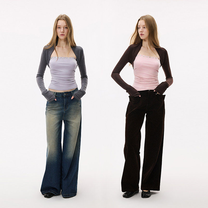 YOJUGOES早春灰紫/粉咖色抹胸上衣修身显瘦设计感披肩两件套T恤女