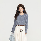 DaYuanSAD张嘉圆港风日记蓝色复古精致女长袖 上衣 衬衣内搭衬衫