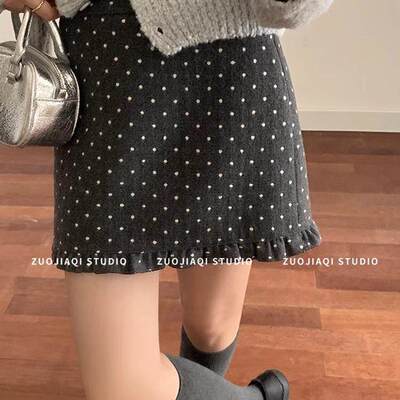 秋冬灰色波点毛呢半身裙