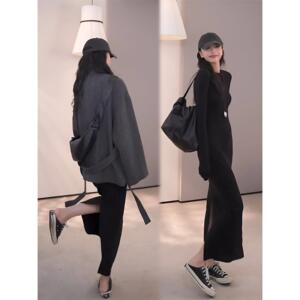 【棉磨毛】黑色2025早秋自信优雅后开叉连衣裙长袖棉质长裙