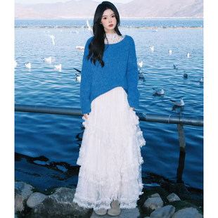 白色蕾丝半身裙女秋冬新款a字纱裙小个子中长款仙女蓬蓬蛋糕长裙