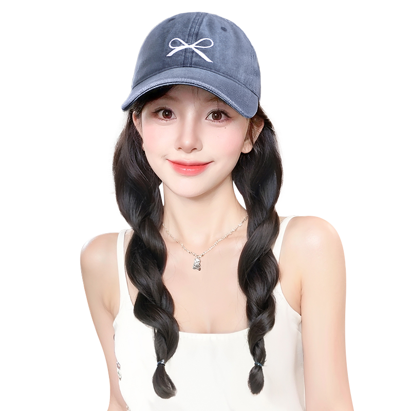 帽子假发一体女夏天2025年新款蝴蝶结牛仔帽仿真长卷发假发全头套
