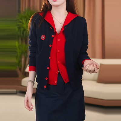 美拉德撞色假两件连帽针织衫