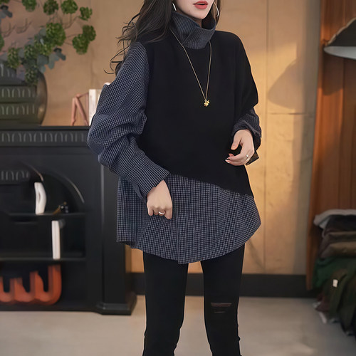 韩系复古慵懒中长款格子衬衫女早秋新款宽松显瘦休闲简约外搭上衣