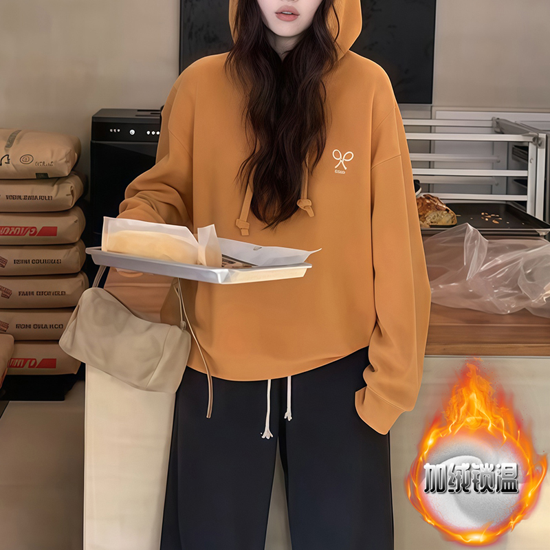 时尚显白撞色网球拍刺绣加绒加厚上衣韩系简约套头宽松连帽卫衣女