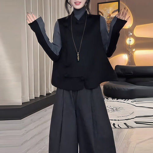 极简风高领针织马甲套装女秋冬