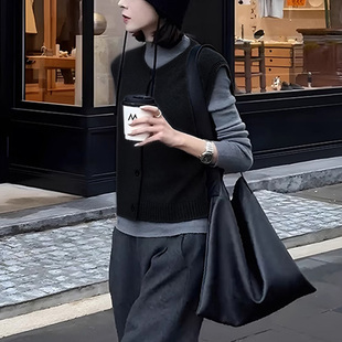 上衣两件套装 气质韩系灰色针织马甲背心女秋装 叠穿显瘦百搭打底衫