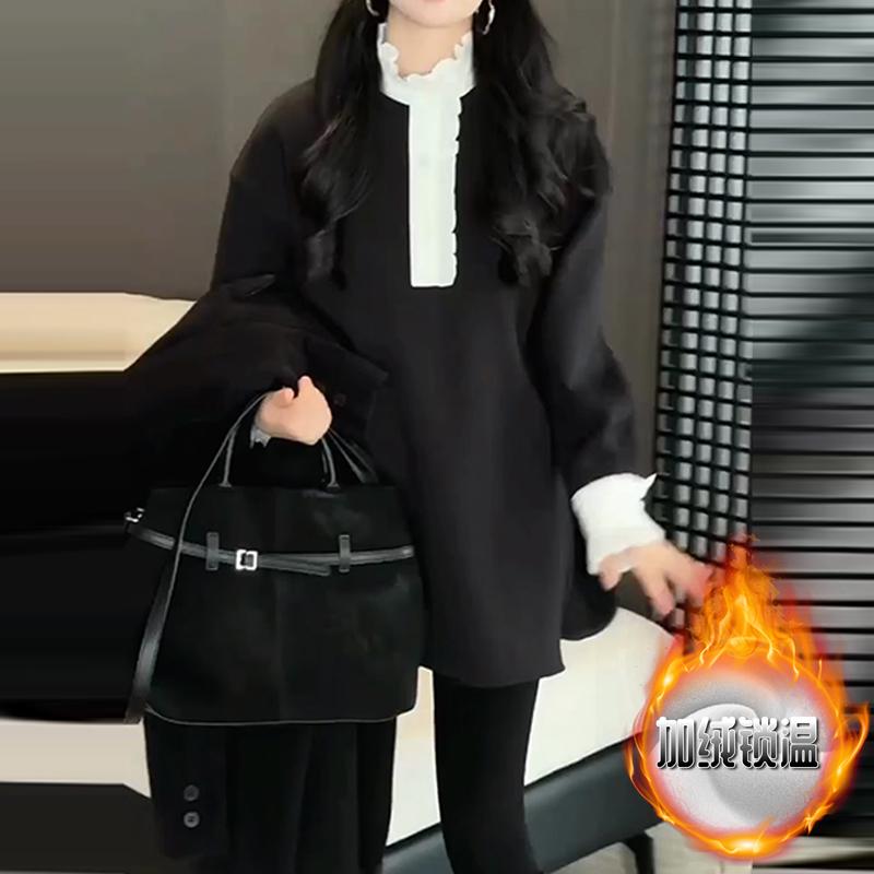 减龄木耳边撞色拼接加绒长袖卫衣女春季新款百搭通勤显瘦打底上衣