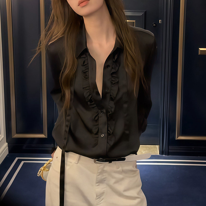 蕾丝拼接露背长袖衬衫女春季修身绑带v领衬衣设计感甜辣黑色上衣