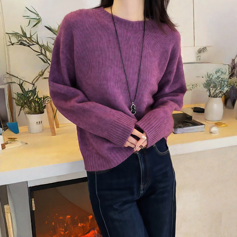 冬季女装韩系圆领高级感超好看针织衫软糯慵懒风显瘦穿搭紫色毛衣