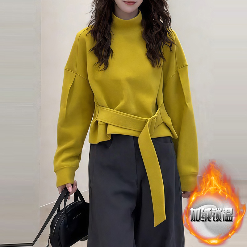 2025秋冬新款韩系半高领设计卫衣女下摆系带收腰显瘦短款加绒上衣