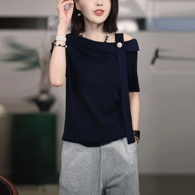 气质韩系高级感斜肩吊带短袖针织衫女夏季t恤新款设计感小众上衣