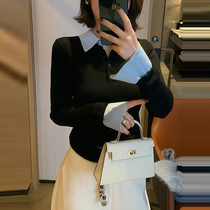 撞色假两件拼接毛衣女