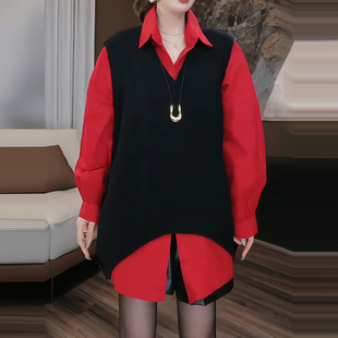 V领黑色针织马甲 2025秋冬叠穿纯色衬衫 欧洲站极简复古风时尚 套装