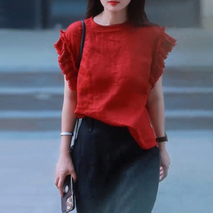 衬衫 高级感红色上衣短袖 洋气减龄木耳边飞飞袖 女韩系宽松时尚 夏季