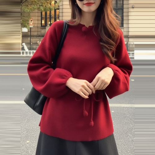 大码圣诞跨年红色圆领绑带针织衫女春冬长袖收腰显瘦毛衣显白上衣