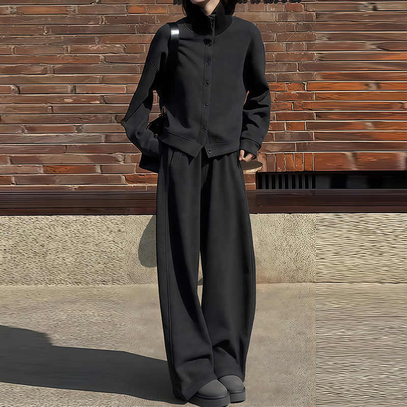 极简风黑色单排扣阔腿裤套装