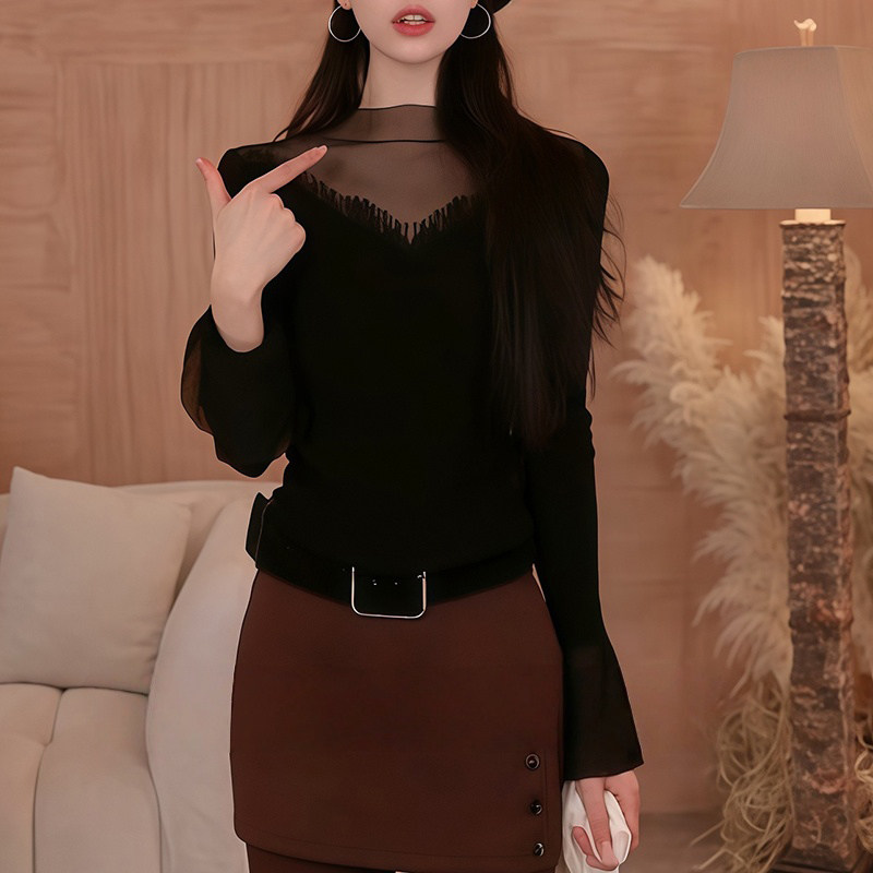 御姐风半高领蕾丝拼接针织衫女秋冬洋气不规则喇叭袖上衣气质小衫