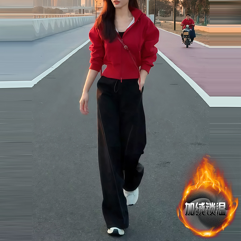 时尚短款卫衣女秋季2025新款韩系显瘦显白上衣高腰休闲裤加绒套装