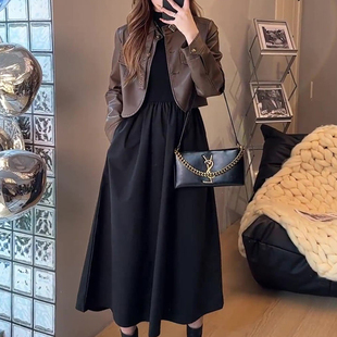套装 时尚 休闲宽松百搭皮衣外套黑色收腰连衣裙两件套女潮 新款 春季