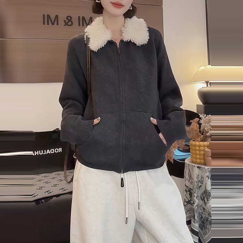 韩版拼接羊羔毛翻领针织衫女2025秋冬季时尚外套洋气显瘦毛衣开衫