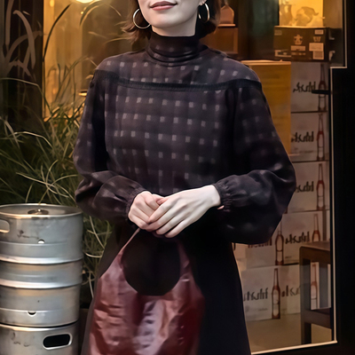 法式复古格子设计衬衫女高领修身显瘦减龄高级感洋气上衣秋冬内搭