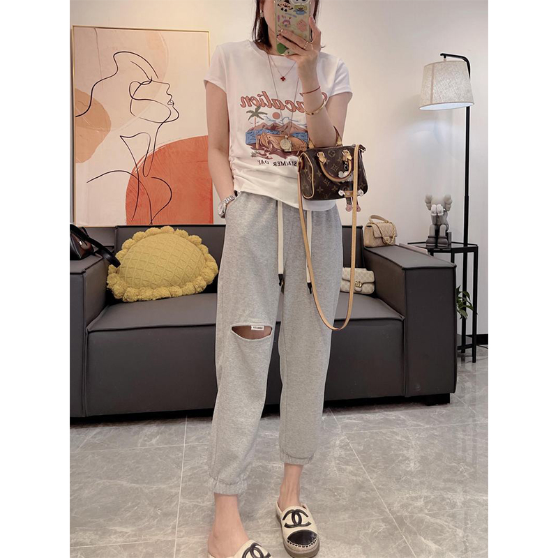 高腰破洞显瘦卫裤休闲九分裤套装女夏季2023新款印花短袖t恤上衣